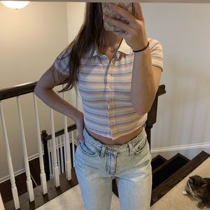 White preppy rainbow pin stripe tee with collar